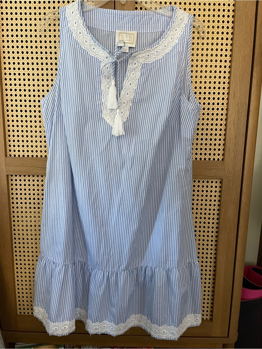 Sail to Sable Coastal Blue & White Striped Ruffle Hem Dress L